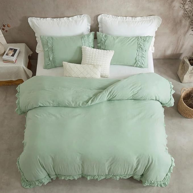 Bedorm Sage Green Ruffled Duvet Cover King Size Bedding Set Pleated Lace Ruffle Shabby Chic Bedroom Decor Extra Soft Cozy Farmhouse Country Style Duvet Cover Sets
