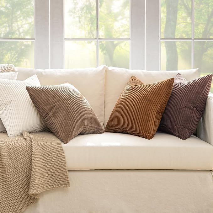 MIULEE Fall Corduroy Decorative Throw Pillow Covers Brown Series 18x18 | Set of 4, Mordern Rustic Fall Decor, Layered Brown Collection, Boho Farmhouse Cushion Covers for Couch Bed Sofa Living Room