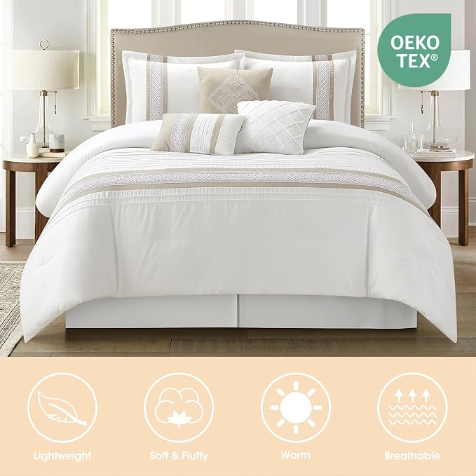 7 Piece Comforter Set, Taupe White, California King, Boho Style Geometric Microfiber Embroidery, Bed in a Bag with Bedskirt, Pillow Shams and Decor Pillows