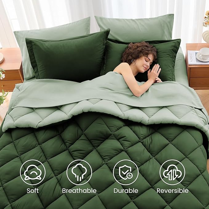 7 Pieces Oversized King Comforter Set, Reversible Bed in a Bag Oversized King, All Season Bedding Set with Comforter, Flat Sheet, Fitted Sheet, Pillowcases & Shams, Dark Green & Light Green