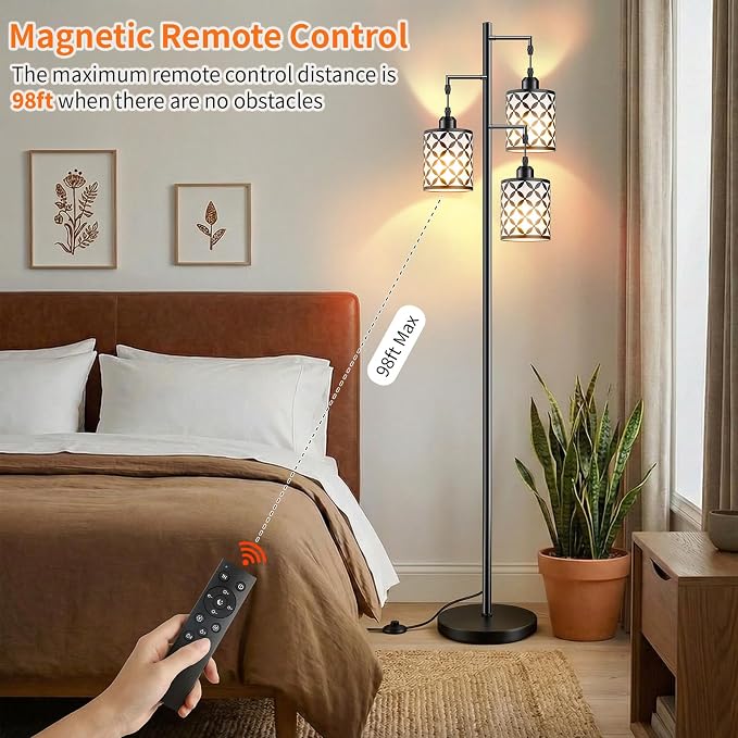 72" Dimmable Floor Lamp with Remote & Timer, Industrial Farmhouse Rustic Standing Lamp for Living Room Bedroom, 3 Individually Controlled Heads, 2 Height Options, 3 x LED Bulbs Included