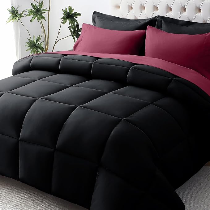 JOLLYVOGUE California King Comforter Set, Ultra-Soft Bed in a Bag 7 Pieces, Oeko-TEX Certified Bedding Set with Down Alternative Comforter, Sheets, Pillowcases & Shams, Black & Deep Burgundy