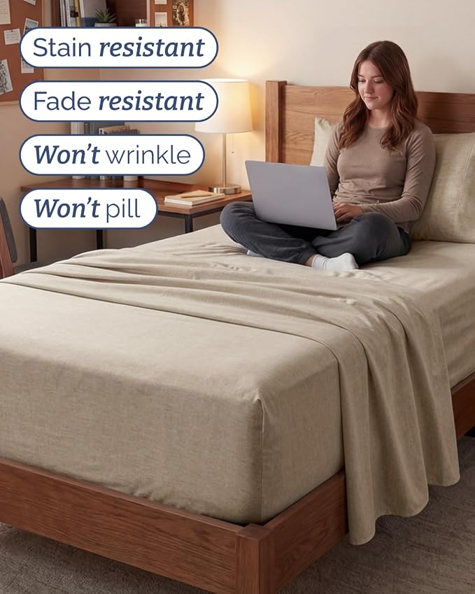 Extra Deep Twin XL Sheet Set - 3 Piece College Dorm Room - Heathered Beige | Soft, Breathable & Cooling, Easily Fits 18 to 24 inch Mattress, Wrinkle Free & Fade Resistant with Extra Deep Pockets