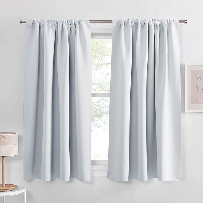 PONY DANCE Short Window Curtain Panels 45 inch Long - Rod Pocket Room Darkening Drapes for Bedroom Dorm Storage Door Kitchen Basement Farmhouse Decor, Greyish White, W 34 x L 45 inches, 2 Panels