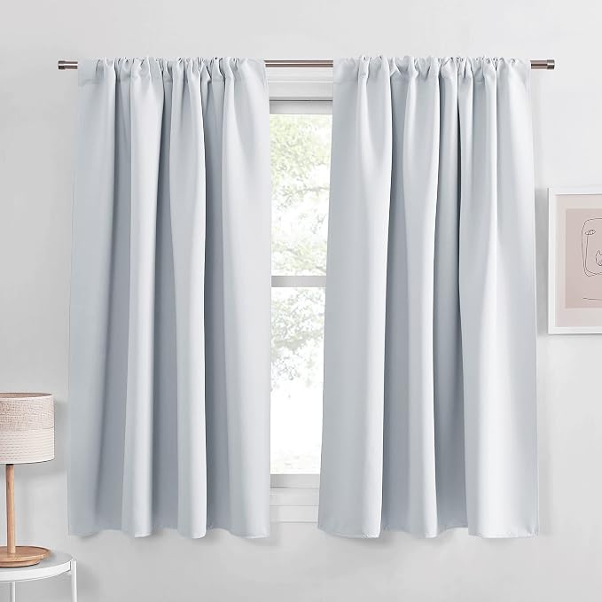 PONY DANCE 54 inch Length Curtains - Room Darkening Kitchen Solid Thermal Draperies Rod Pocket Short Panels Drapes for Bedroom Window Treatments, 42 W by 54 L, Greyish White, Set of 2