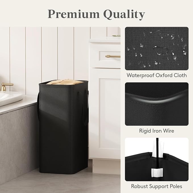Lifewit Slim Collapsible Laundry Basket with Handles, 50L, Black | Narrow Laundry Hamper for Dirty Clothes, Tall Thin Laundry Bin, Small Clothes Hamper for Bathroom, Bedroom, RV, Dorm