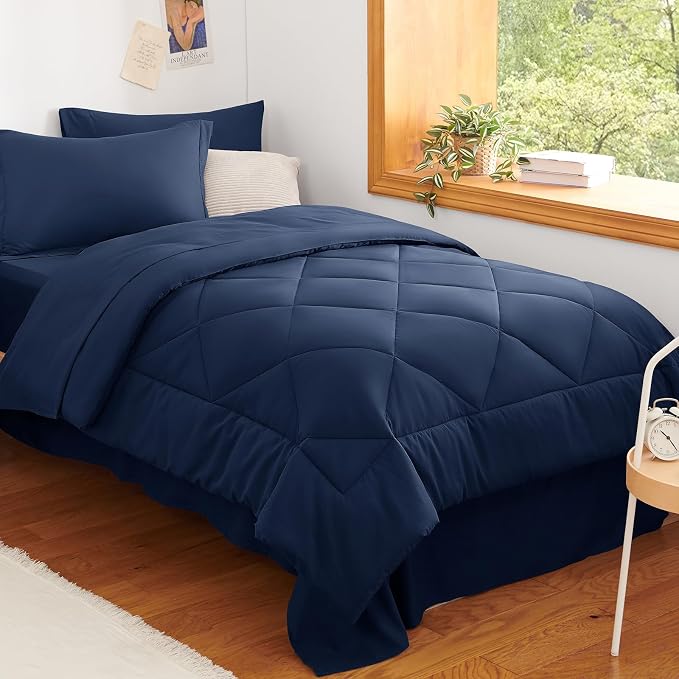 Twin Comforter Set with Sheets Navy - 5 Pieces Bed in a Bag | OEKO-TEX Certified, All Season, Teen, Single, Dorm, 240GSM Down-Alternative Comforter, Sheets, Pillowcase & Sham, Easy Care