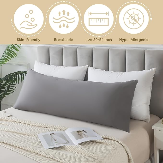 Memory Foam Body Pillow Insert,Bed Pillow for Adults, Grey | Soft & Supportive Bed Pillow, Breathable Full Body Pillows, Large Long Bed Pillow