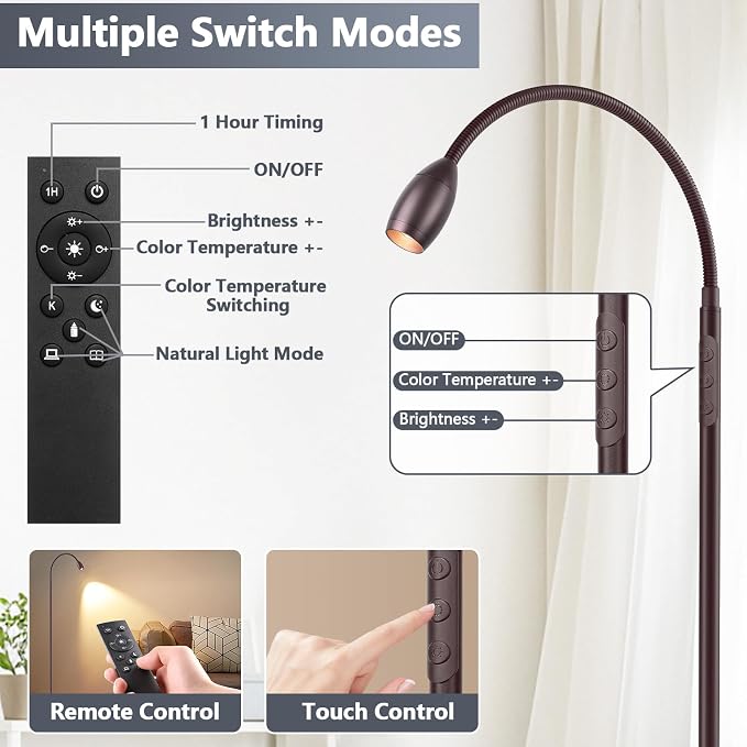 Reading Floor Lamp, 72" LED Dimmable Lamp with Gooseneck,Zoomable Spotlight | Adjustable Color Beam Standing Lamp, Touch & Remote Control, Task Craft, Sewing, Bedroom Living Room,Office,Oil-Rubbed Bronze