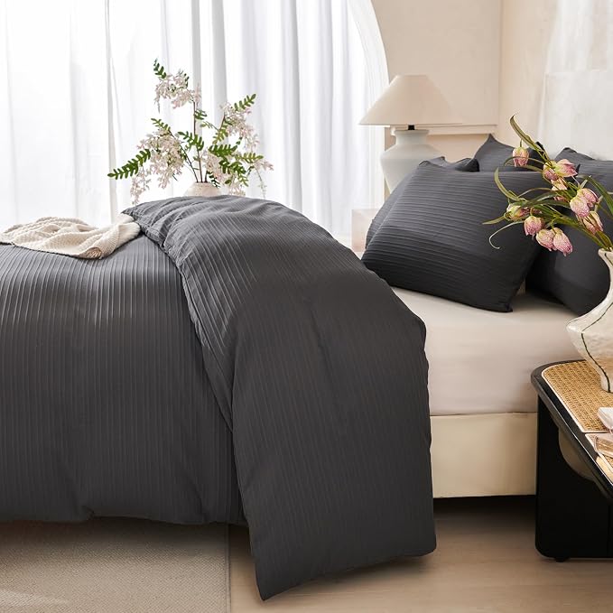 Comforter Set King Dark Grey Soft Luxury Washed Microfiber Jacquard 3 Pieces Bedding, Grey Vertical Ticking Stripes Comforter with 2 Pillowcases Breathable Durable Comfy