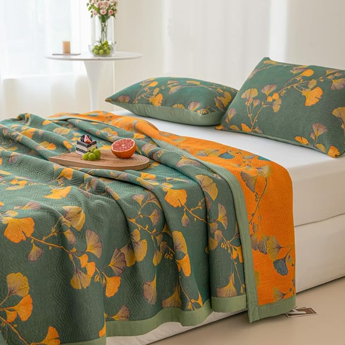 100% Cotton Jacquard Quilt Floral Ginkgo Leaves Print,Soft Muslin Bed Cover 3 Layers Reversible Bedspread Coverlet Breathable Lightweight Bedding,King(98"x94"), No Pillow Sham