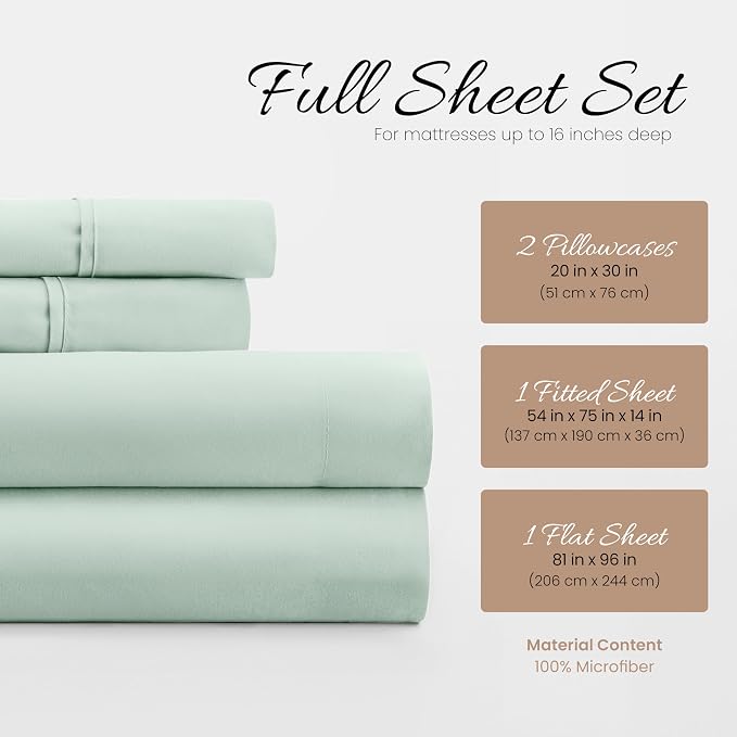 Linen Market Double-Brushed Microfiber Full Sheet Set 4 Piece – Oeko-TEX Certified Ultra Soft & Wrinkle-Free - 16" Deep Pocket Sheets - Easy Care Full Size - Mint