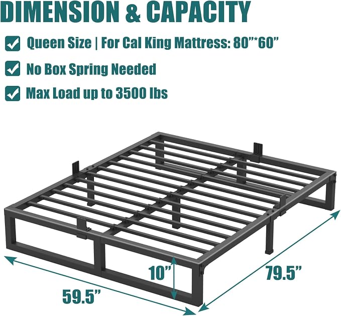Yitong Angel 10 inch Queen Bed Frame Low Profile Metal Platform with Mattress Slide Stopper,Heavy Steel Slats Support Frames,No Box Spring Needed,Noise Free,Non-Slip,Easy Assembly