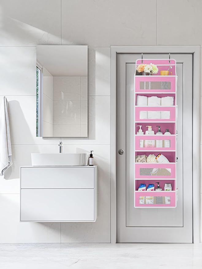 JARLINK Over the Door Organizer for Pantry, Bathroom, 5 Shelf Pink, 2 Pack | Anti-Tilt Design, 44 lb Load Capacity, Hanging Door Organizer with 5 Large Capacity Pockets, Behind Door Storage for Nursery