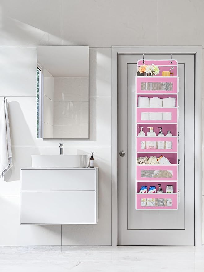 JARLINK Over the Door Organizer for Bedroom, Pantry, Bathroom, 5 Shelf Pink | Anti-Tilt Design, 44 lb Load Capacity, Hanging Door Organizer with 5 Large Capacity Pockets, Behind Door Storage for Nursery