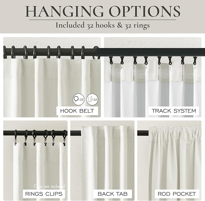 QJmydeco Beige White Cute Blackout Curtains 84 Inches Long 2 Pack, Insulated Sliding Door Curtain UV Heat Blocking Drapes for Living Room/Bedroom Faux Linen Ceiling Pins Hooks&Back Tab(W50 x L84)