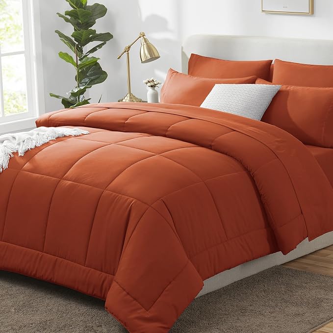 King Size Comforter Set Terracotta - 7 Pieces Orange Bed in a Bag | OEKO-TEX Certified, All-Season, Bedroom, Guest Room, Down-Alternative Comforter + Flat & Fitted Sheets + 4 Pillowcases