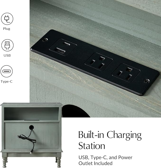HULALA HOME Solid Wood End Table with Charging Station, 3 Drawer End Table with Pull-Out Tray, USB & Type-C Ports, Traditional Curved Front Accent Side Table for Living Room Sofa, Blue