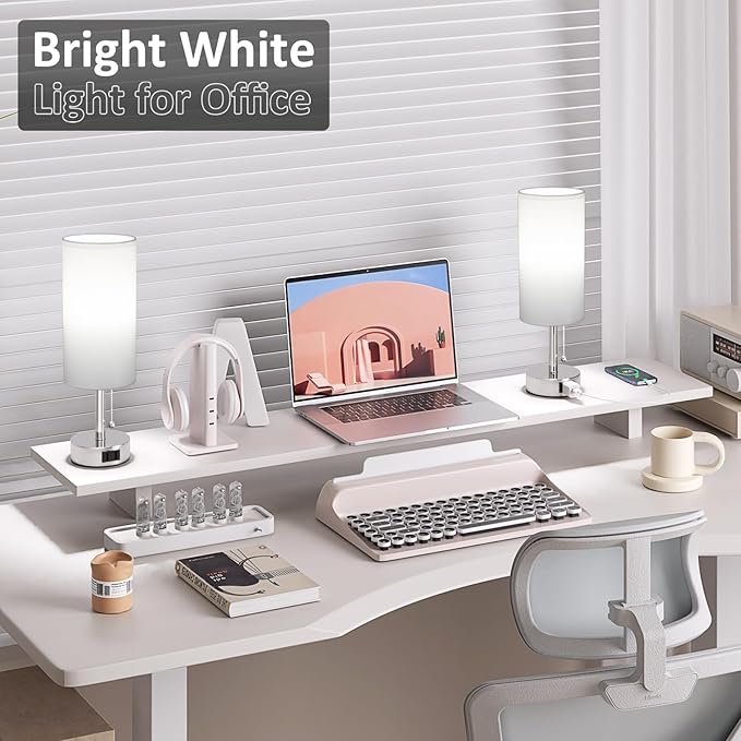 Silver Bedside Table Lamps Set of 2 - Bedroom Lamp for Desk, AC Outlet | 3CCT(3000K/4000K/5000K), LED Bulbs Included, White Fabric Lampshade, 14in Small Lamp for Nightstand, Guest Room, Living Room