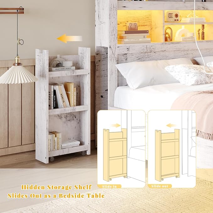 LUXOAK King Bed Frame with Storage, Bookcase Headboard, Distressed White | 49.6" Headboard, Wood Platform Bed, Charging Station, Bedside Storage, 4 Storage Drawers, No Box Spring Needed, Farmhouse