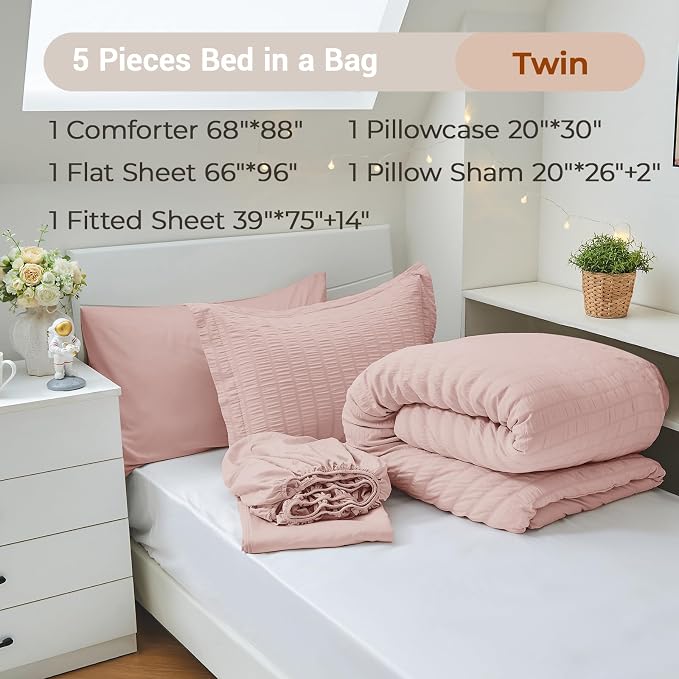 5 Pieces Twin Comforter Set, Seersucker Bed in a Bag Twin Size, All Season Luxury Bedding Set with Comforter, Flat Sheet, Fitted Sheet, Pillowcase & Sham, Rose Gold
