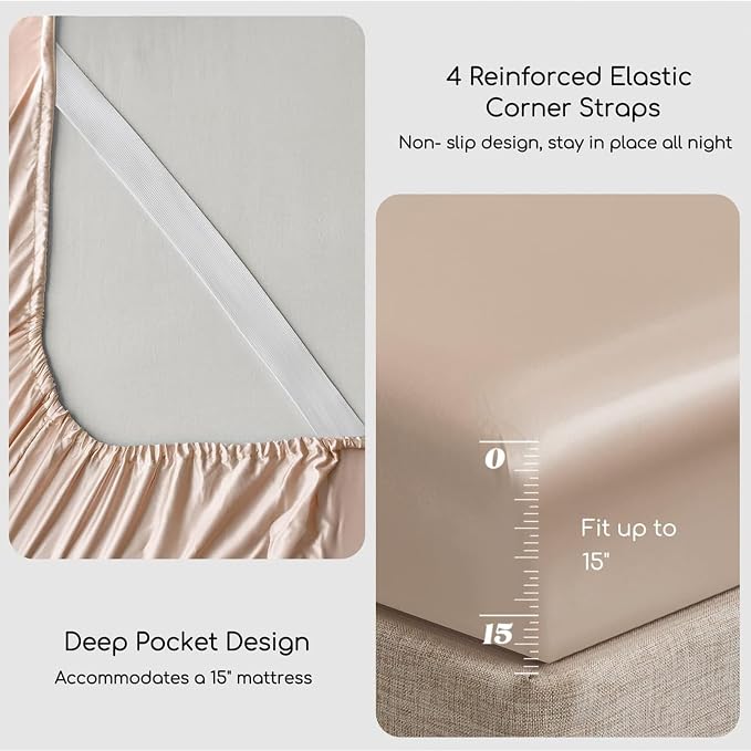 MR&HM Satin Sheets King Size with Elastic Corner Straps, Champagne | Similar to Silk, 4-Piece Silky Soft Bed Sheet Set, Gentle on Skin and Hair, 15" Deep Pocket, Cooling & Breathable