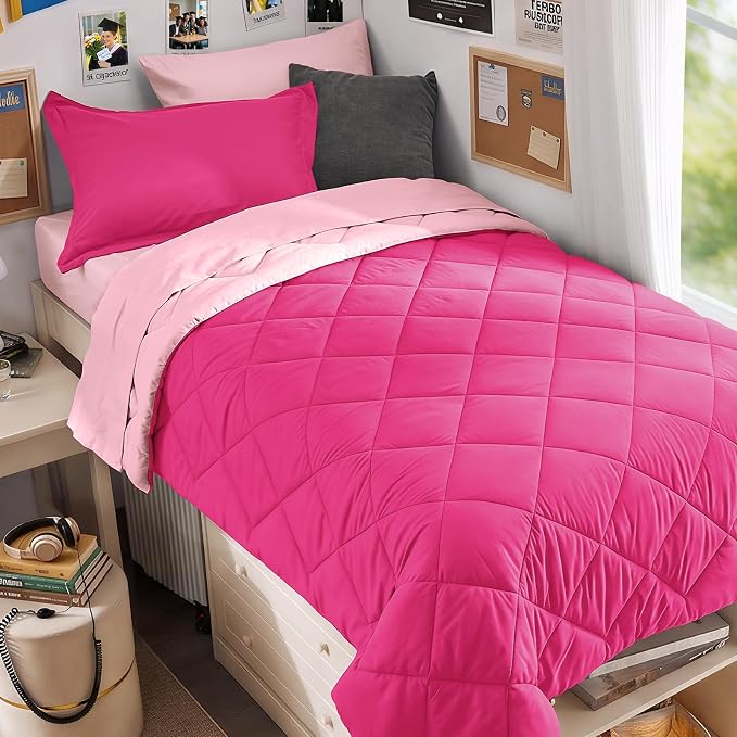 5 Pieces Twin XL Comforter Set, Reversible Bed in a Bag Twin XL Size, All Season Bedding Set with Comforter, Flat Sheet, Fitted Sheet, Pillowcases & Shams, Hot Pink & Baby Pink