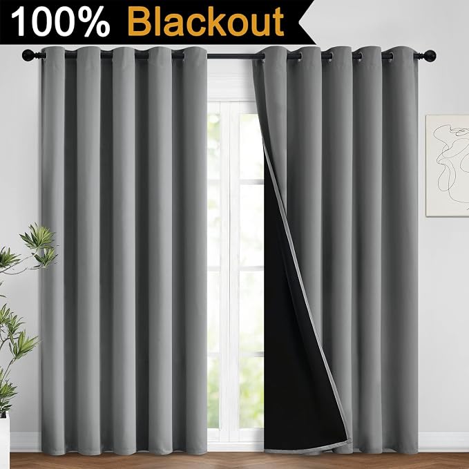 Yakamok Grey Blackout Curtains 96 Inches Long for Bedroom 62" Wide 2 Pcs | Blackout Curtain Panels for Bedroom, 2 Thick Layers Grommet Top Thermal Insulated Drapes with Black Liner for Living Room