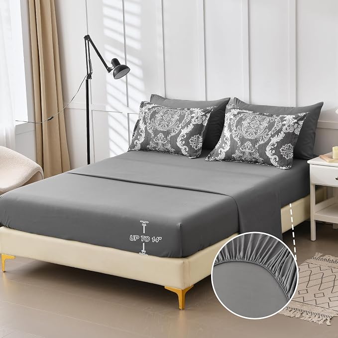 WONGS BEDDING Dark Grey Comforter Set King Size, Damask Texture 7 Pieces Bed in a Bag Microfiber Comforter Bedding Sets -1 Comforter, 1 Flat Sheet, 1 Fitted Sheet, 2 Pillow Shams, 2 Pillowcases