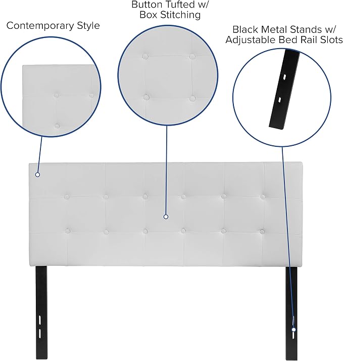 EMMA + OLIVER White Full Button Tufted Headboard | Adjustable Bed Rail Slots, Vinyl Upholstered