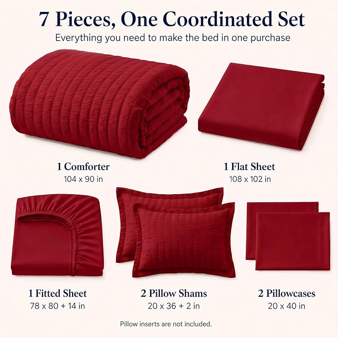 King Size Comforter Set, 7 Pieces Dark Red Seersucker Bed in a Bag | OEKO-TEX Certified, All Season Bedding Set with 240 GSM Down Alternative Comforter, Flat & Fitted Sheets, Pillowcases & Shams