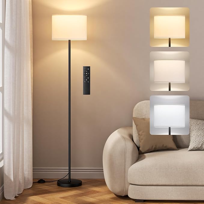 Ambimall Dimmable Floor Lamp with Remote, 9W 900LM LED Bulb Included | White Shade Black Pole, Lamps for Living Room Bedroom