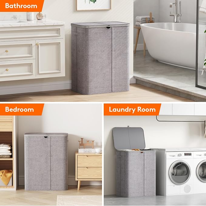 Lifewit 185L 3 Section Laundry Hamper with Lid, Laundry Basket, Light Gray | Large Foldable Laundry Sorter with 3 Removable Bags, Tall Clothes Hamper for Bedroom and Bathroom