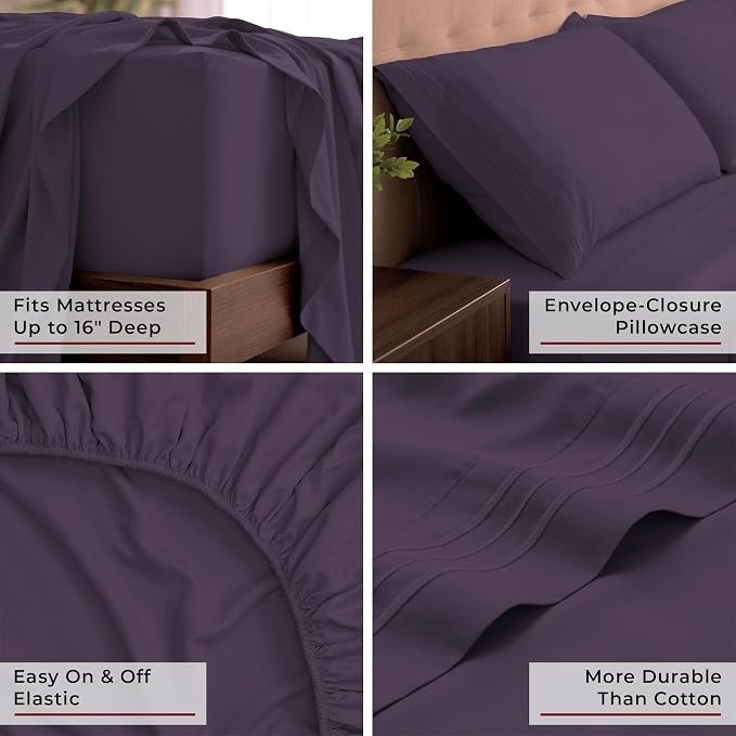 Mellanni Iconic 4-Piece, Ultra Soft Sheet Set (King, Purple) | 10M+ Sleepers. Lab-tested: Sleeps Cool, Stays Bright, Strong, Smooth. Good Housekeeping Best Bedding, 7 yrs running.