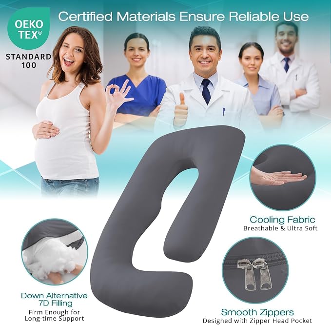 Cooling Pregnancy Pillows for Sleeping, 57'' Full Body Pillow, Dark Grey | Sasttie Maternity Pillow, OEKO-TEX, Down Alternative, Removable Cover, Pregnant Women Must Haves, Maternity Essential