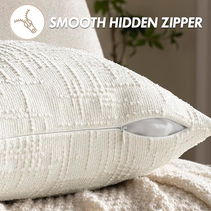 MIULEE Chenille Textured Throw Pillow Covers Cream White 20x20 Set of 2 | Slubby Decorative Pillows, Boho Farmhouse Home Decor, Modern Neutral Cushion Covers for Couch Sofa Bed Living Room