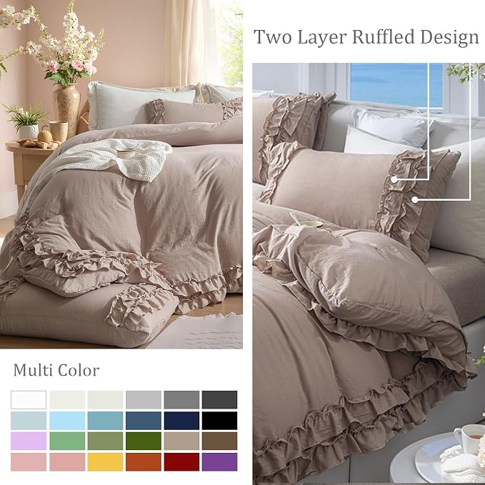Bedorm Taupe Duvet Cover Set Twin Ruffle Bedding Set Pleat Ruffled Shabby Chic Comforter Cover Extra Soft & Easy Care Boho Duvet Cover with Zipper Closure
