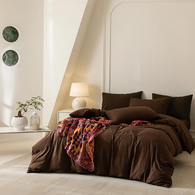 BDEAR 3Pcs Cocoa Brown Pinstriped Duvet Cover Set King Size 104''Wx90''L | Light Weight Design, 1 Duvet Cover with 2 Pillowcases, Zipper Closure, OEKO TEX Standard,8 Corner Ties, Skin Friendly
