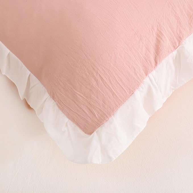 Merryword Pink Pillow Shams Pink and White Reversible King Pillowcases Cute Pillow Cover Set of 2 Soft Shabby Chic Ruffled Pillowcases 2 Pack (King (20''x36''), Pink White)