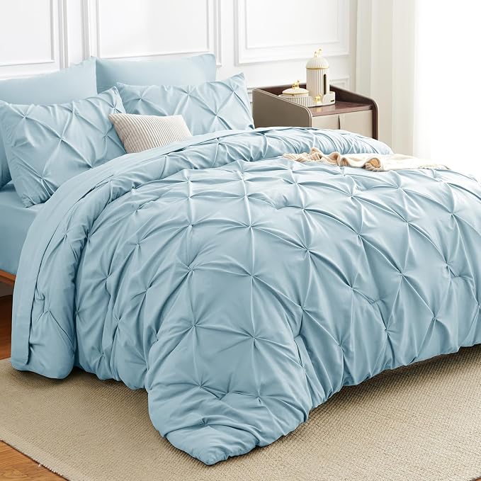 HIMEET Queen Comforter Set Light Blue - 7 Pieces Pintuck Bed in a Bag | OEKO-TEX Certified, 240GSM Down Alternative Comforter, 14" Deep Pocket Fitted Sheet + Flat Sheet + 2 Pillowcases + 2 Shams