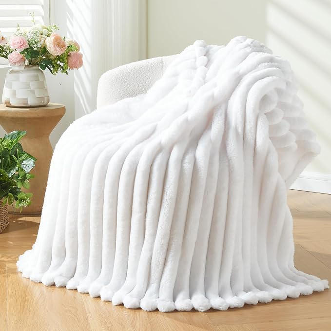NEWCOSPLAY Fleece Ribbed Cozy Twin Blanket for Couch, White, 60"x80" | Premium Silky Flannel Blanket, Soft Lightweight Fluffy Throw Blanket for Bed Sofa Decor, Gift for All Season Use
