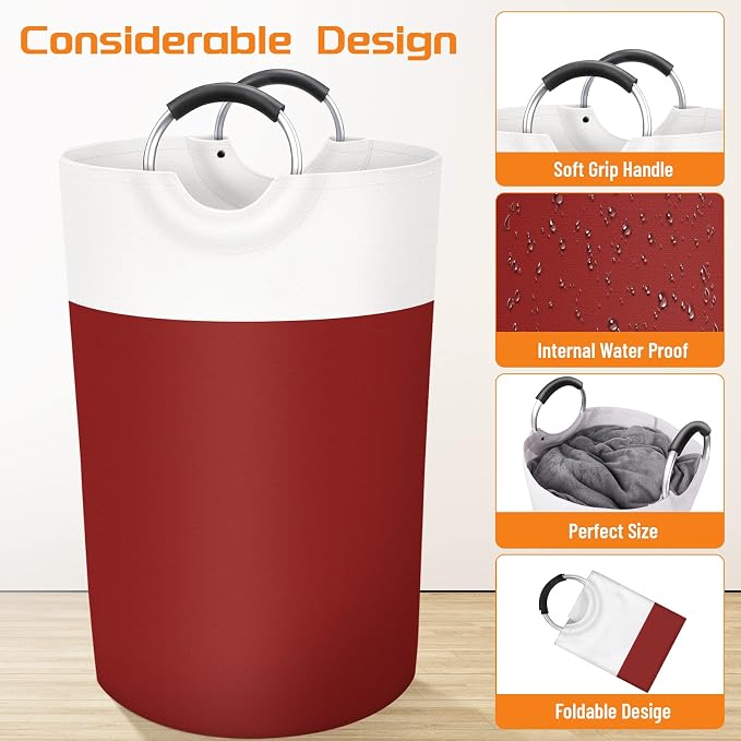 BlissTotes 115L Laundry Basket, Freestanding Collapsible Hamper, Red | Collapsible Dirty Clothes Hamper, Foldable Laundry Bag for Dorm, Waterproof Fabric, Padded Aluminum Handles