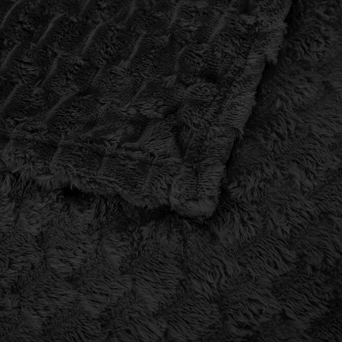 Puncuntex Black Throw Blanket 108"×90" inches Fuzzy 3D Jacquard Decorative | Flannel Fleece Super Soft Plush Cozy Blanket for Couch Sofa Chair Lightweight