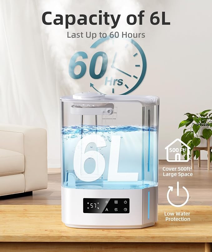 BREEZOME 6L Humidifier for Bedroom Large Room Smart Humidistat Control | 60H Runtime,25dB Quiet, Essential Oil Diffuser, Top Fill Ultrasonic Cool Mist Humidifiers for Baby, Plants, Nursery