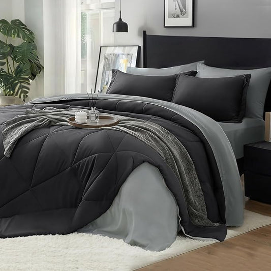 BEDELITE Twin Comforter Set 5 Pieces, Charcoal Black Bed in A Bag | Soft All Season Down-Alternative Comforter, Sheets, Pillowcases & Shams, OEKO-TEX Certified Bedding for Bedrrom, Guest Room