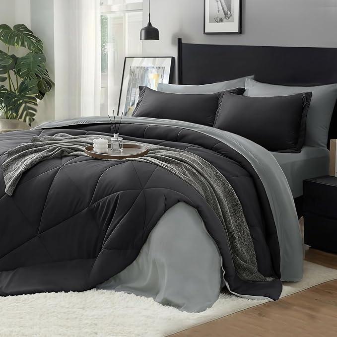 BEDELITE Queen Comforter Set 7 Pieces, Charcoal Black Bed in A Bag | Soft All Season Down-Alternative Comforter, Sheets, Pillowcases & Shams, OEKO-TEX Certified Bedding for Bedrrom, Guest Room