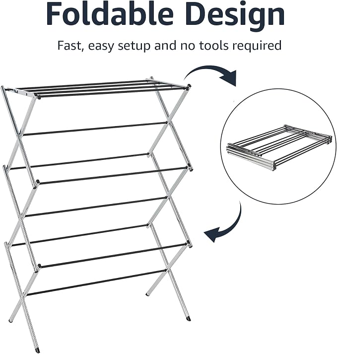 Amazon Basics Foldable Portable Metal Clothes Drying Rack for Indoor Air Drying, Energy Saving, 14.5 x 29.5 x 41.8 inches, Chrome Silver