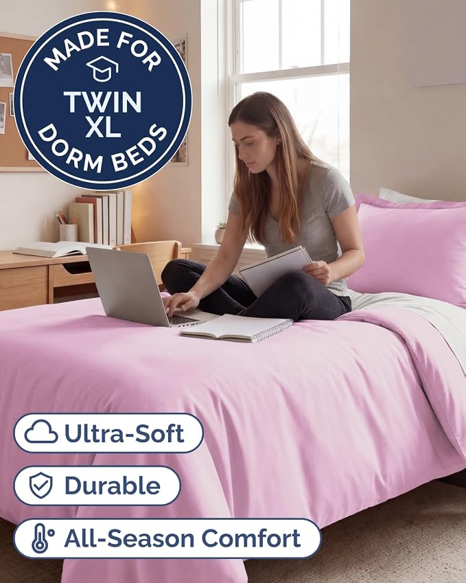 Duvet Cover Twin/Twin XL - 2 Piece with Zipper Closure - Light Pink | Extra Soft, Breathable, Twin/Twin XL Duvet Cover 68" x 90" w/ 1 Pillow Sham, Zipper Closures & Ties, Women, Men, Kids & Teens