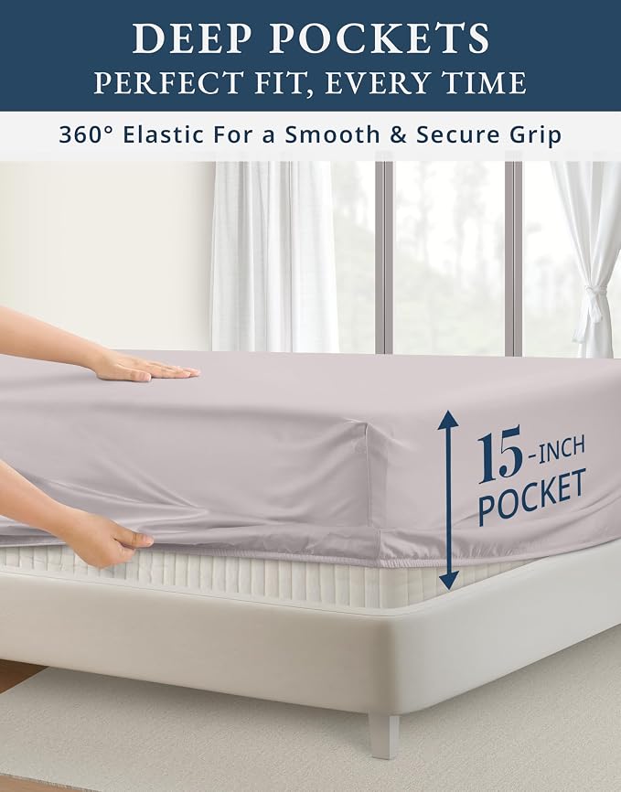 LANE LINEN King Size Deep Pocket Sheets Egyptian Cotton Sateen - Grey Lilac | King Bed Sheet Set - 4-Piece Set, For A Luxurious Night's Sleep, For A Silky Hotel-Style Bed, Guest-Ready Comfort
