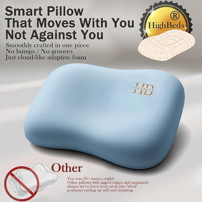 HighBeds Cervical Neck Pillow - Side Sleeper Pillow for Neck Pain Relief, Soft Ergonomic Memory Foam Pillows Ice Silk Zipperless Pillowcase, Eco-Friendly and Durable Material (Blue)